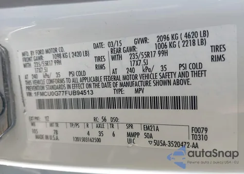 2015 Ford Escape Se from USA, damaged, VIN 1FMCU0G77FUB94513